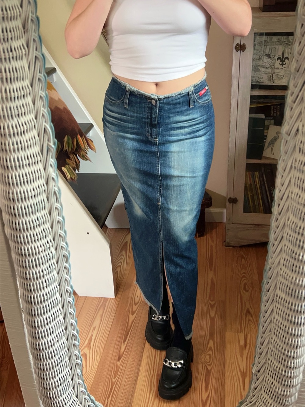 Vintage Y2K Faded Denim Maxi Skirt Fitted Raw Hem Minimalist Grunge Streetwear